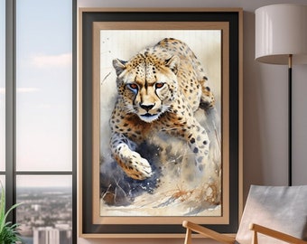 Gepard Jagd Beute Aquarell Malerei, Wild Katze Illustration, Porträt Wand Kunstwerk Für Schlafzimmer, Wohnzimmer, Arbeitszimmer