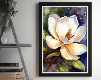 White Magnolia Watercolor Digital Painting, Realistic Magnolia Watercolor Art For Hallway, Bathroom, Living Room or Office Decor