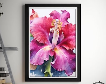 Pintura em aquarela de flores do Havaí, arte de hibisco realista para corredor, banheiro, sala de estar, escritório, impressão havaiana