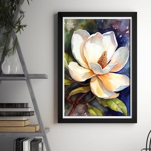 White Magnolia Watercolor Digital Painting, Realistic Magnolia Watercolor Art For Hallway, Bathroom, Living Room or Office Decor