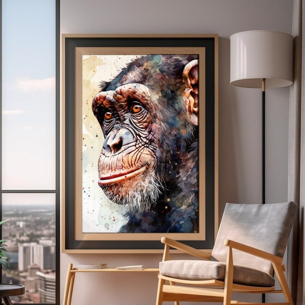 Chimp Watercolor Art Print, Animal Painting For Wall, Office Watercolor Artwork, Watercolor Wildlife Art, Chimp Animal Print, Chimp Art