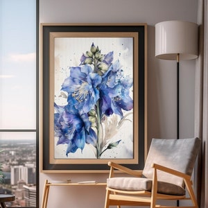 Delphinium Flower Watercolor Painting, Realistic Larkspur Flower Watercolor For Hallway, Bathroom, Living Room, Office, Delphinium Painting