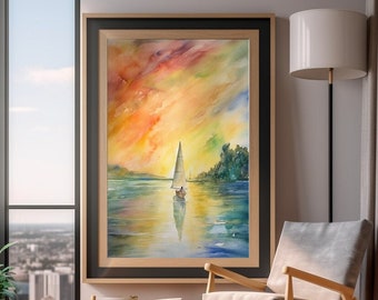 Sailboat on Lake Watercolor Print, Lake Scene Watercolor Art, Nautical Home Decor, Boat Painting, Peaceful Water Art For Home Office