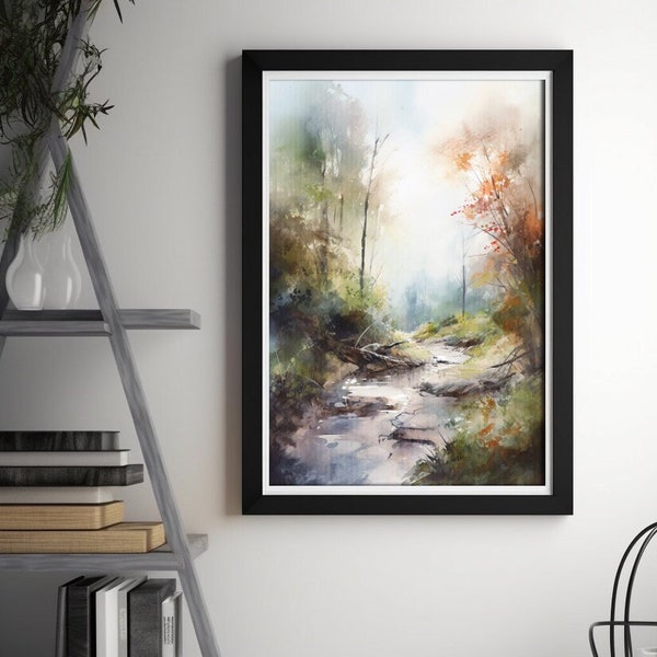 Tranquil Forest Stream Watercolor Painting, Serene Watercolor Forest Stream Scene, Vibrant Watercolor Forest Stream Painting