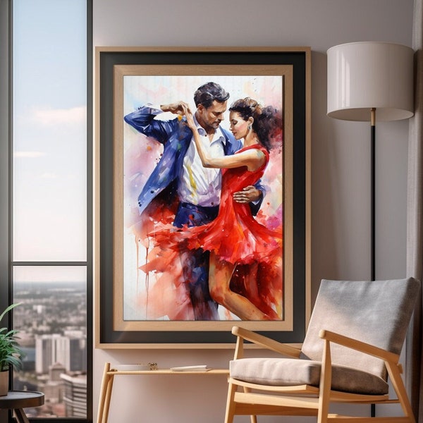 Peinture romantique de danse à l'aquarelle d'un couple de danseurs de salsa - Impression d'art latin pour la décoration intérieure et les cadeaux