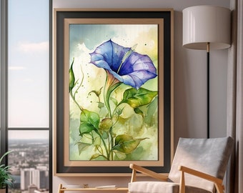 Morning Glory Flower Watercolor Painting, Realistic Moonflower Watercolor For Hallway, Bathroom, Living Room, Office, Morning Glory Painting