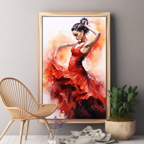 Femme espagnole exécutant l’aquarelle de danse flamenco, jeune femme espagnole dansant, œuvre d’art pour les amateurs de danse