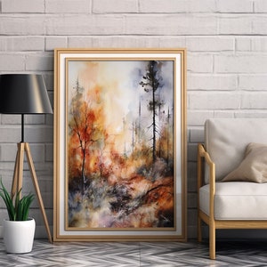 Forest Fire Watercolor Painting, Destruction Of Fire Art, Firefighter Wall Decor, Smoke Jumper Painting, Wildfire watercolor Painting