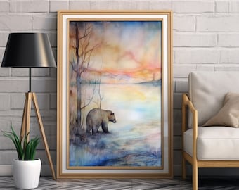 Orso acquerello stampa arte, orso roaming vicino acqua stampa, decorazione della parete, orso amanti regalo, orso dell'acquerello, amanti della natura, amanti della fauna selvatica