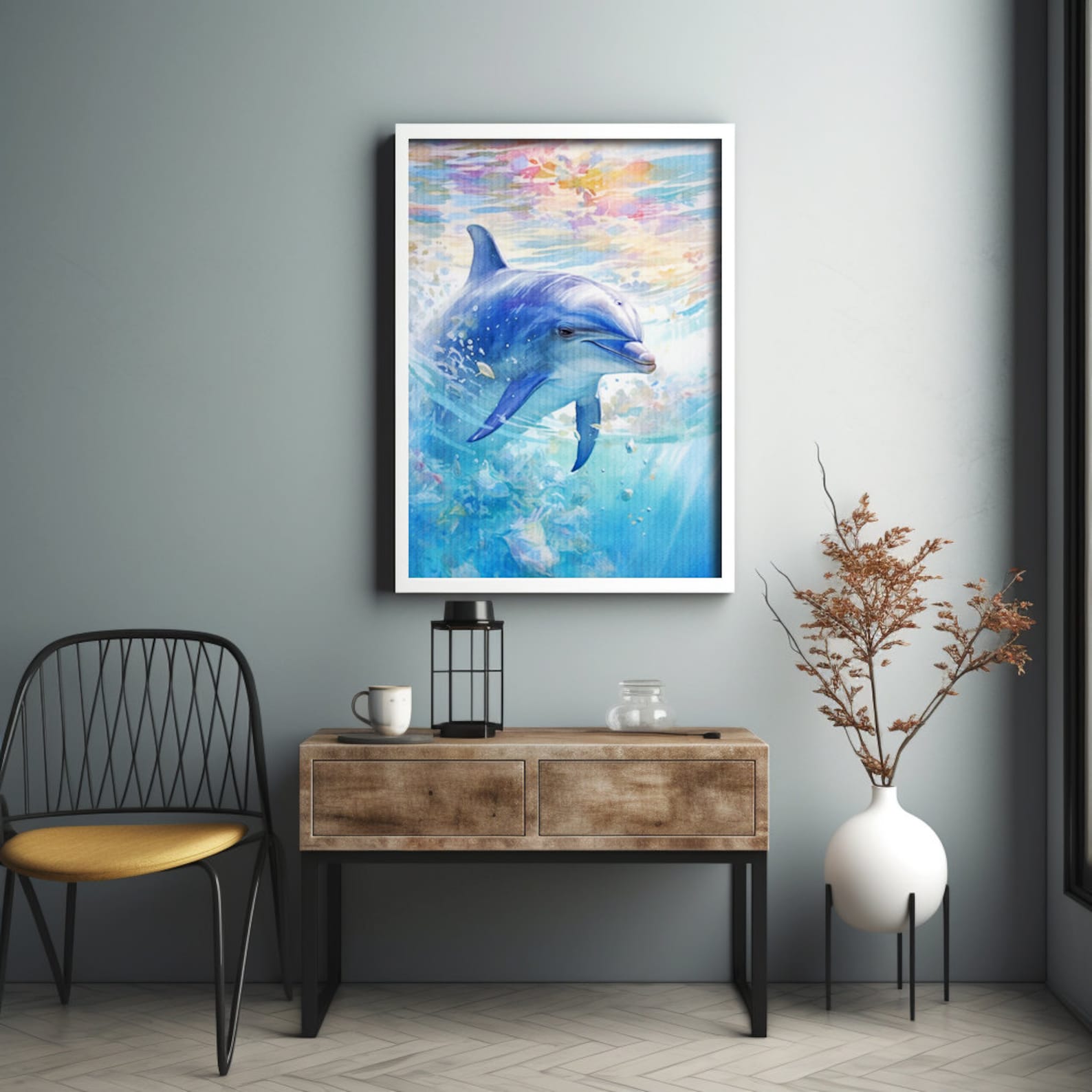 Dolphin Watercolor Art Print, Animal Painting for Wall, Office ...
