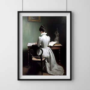 Vintage Porträt Frau, die einen Liebesbrief schreibt, klassisches druckbares Kunstdekor