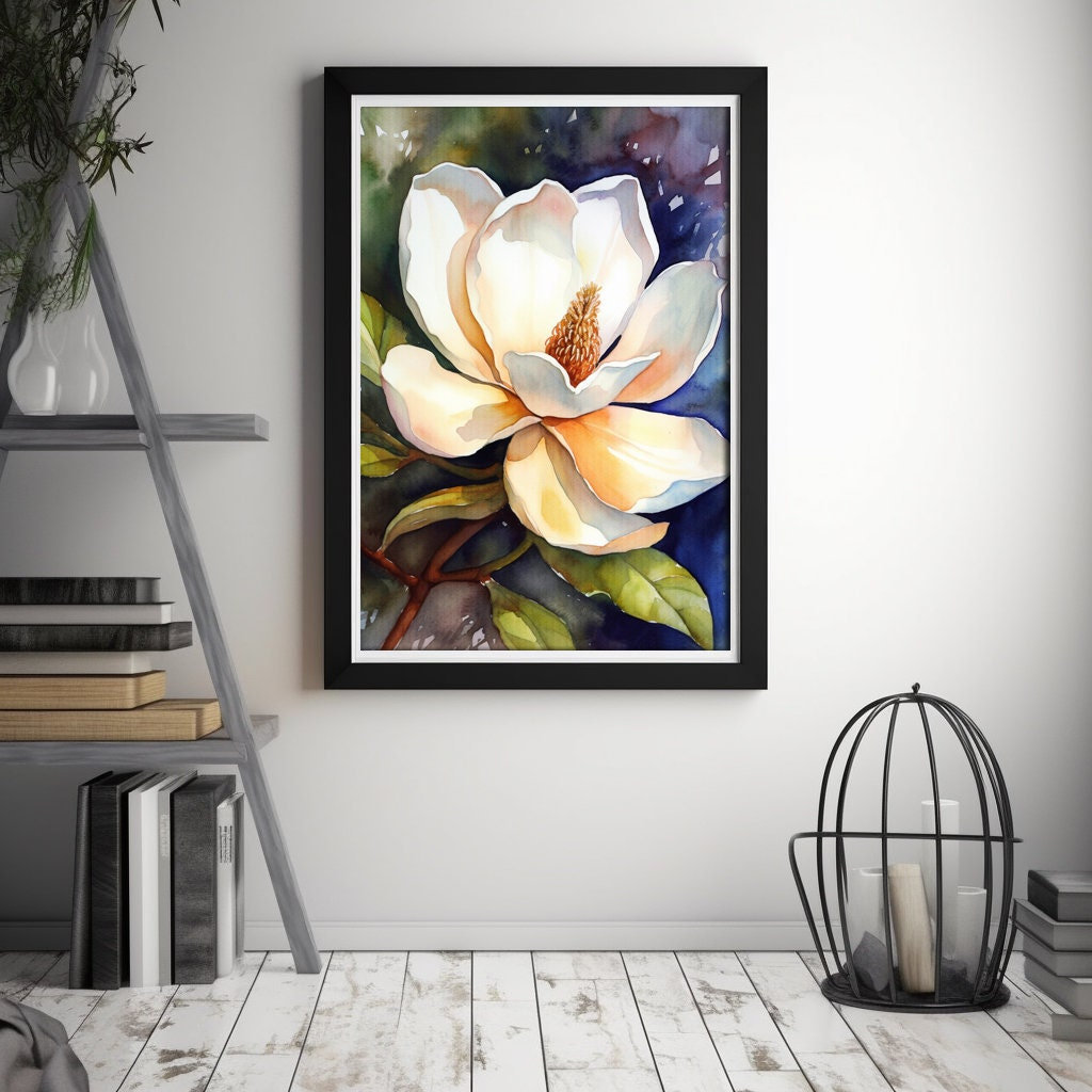 White Magnolia Watercolor Digital Painting, Realistic Magnolia Watercolor Art For Hallway, Bathroom, Living Room or Office Decor