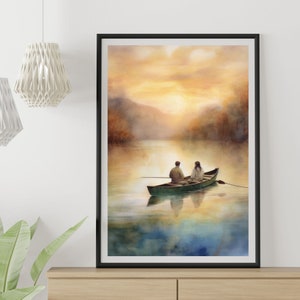 Rustic Rowboat Watercolor Painting, Boat on Lake Very Peaceful & Beautiful Seascape Cabin Art