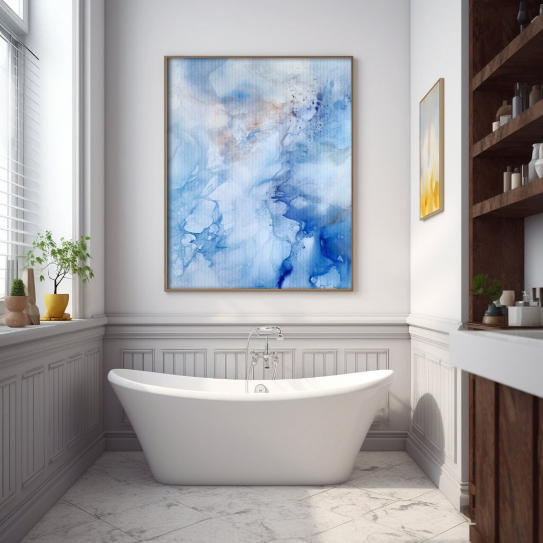 Blue White Gold Abstract Watercolor Art, Family Room Decor, Bathroom