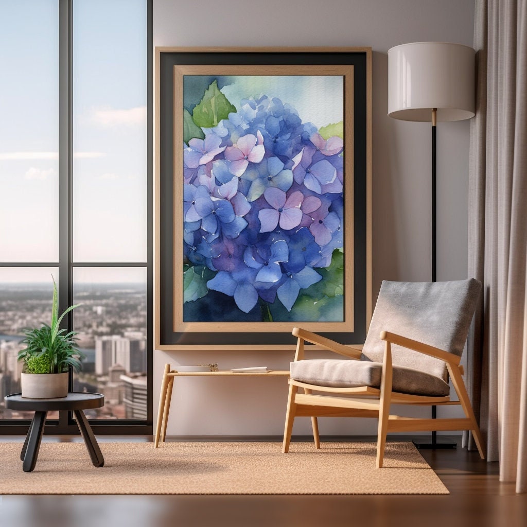 Hydrangea Flower Watercolor Painting, Realistic Hydrangea Plant Watercolor For Hallway, Bathroom, Living Room, Office, Hydrangea Painting