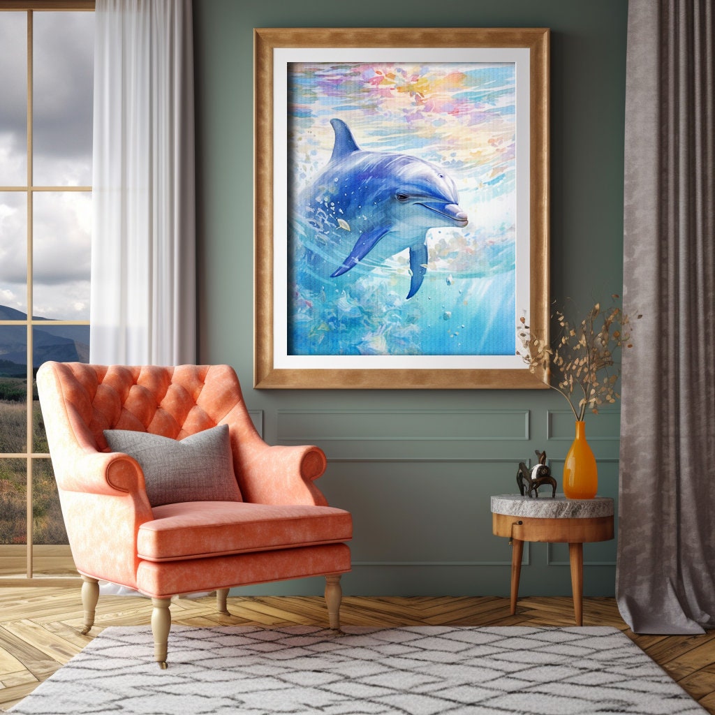 Dolphin Watercolor Art Print, Animal Painting for Wall, Office ...