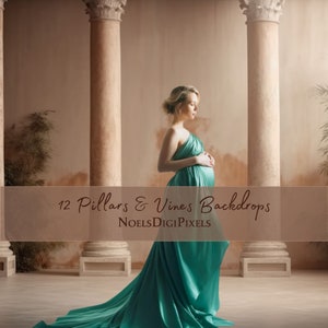 Puede incluir: Una mujer embarazada con un vestido verde azulado se encuentra frente a un fondo de pilares y enredaderas. El texto "12 Pillars & Vines Backdrops" y "NoelsDigiPixels" se muestra en el fondo.