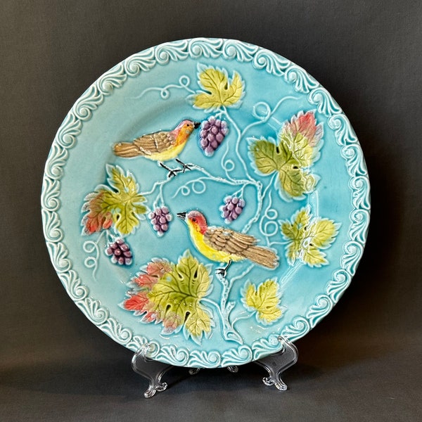 Antique G Zell 9.25" German Majolica Plate // Handpainted Fall Leaves with Birds & Grapes Pattern // Decorative Plate // Majolica Serveware