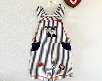 Vintage 90s Sesame Street Striped Slugger Overalls – Baseball Theme Shorts 5T teddy bear embroidered