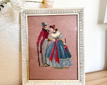 Vintage Framed Needlework – Victorian Lovers Couple – Embroidered Canvas – Antique Wall Art