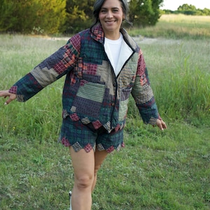 Ensemble veste et short patchwork, tenue deux pièces style cottagecore, art à porter recyclé