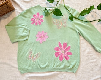 ヴィンテージ80年代アルフレッド・ダナー ニットセーター – ライムグリーン 花柄 バタフライ ビーズ プルオーバー | サイズ1X