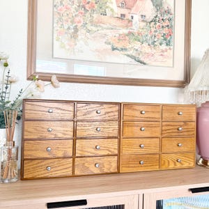 May include: Two wooden storage chests with multiple small drawers. Each chest has a light brown finish and silver-toned knobs. The chests are displayed on a light-colored wooden surface, with a framed painting in the background.