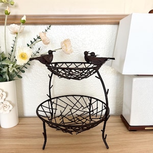 Vintage Iron 2-Tier Fruit Basket – Welding Bird Design, Garden Decor, Rustic Farmhouse Centerpiece, 12” Tiered Stand