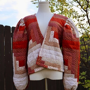 Vintage Quilt Cropped Jacket, Red Patchwork Quilt Coat, Upcycled Vintage Textile Jacket, Cottagecore Handmade Clothing