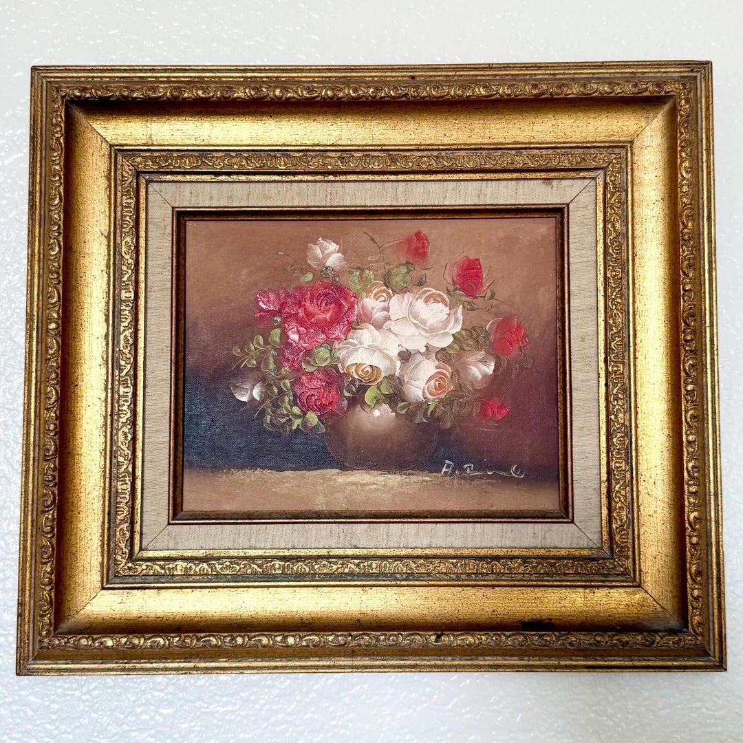 Vintage Oil Painting Red Rose – Flower Still Life, Signed, Ornate Frame ...