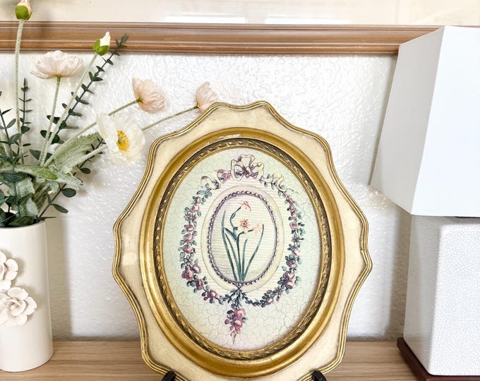 Vintage Floral Print in Ornate Gold Oval Frame - Robert Grace, Inc. - Etsy