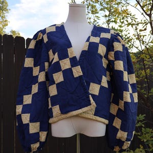 Vintage Quilt Cropped Jacket, Navy Blue Patchwork Quilt Jacket, Upcycled Vintage Textile Coat, Handmade Cottagecore Clothing