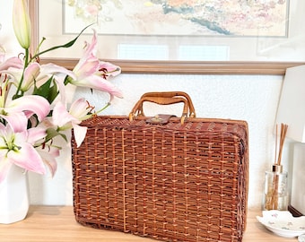 Cesta de picnic/maleta vintage de mimbre marrón bicolor (tal cual) - Decoración para fotos