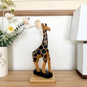 Hand Carved Giraffe Statue – 20.5” Solid Wood African Animal Figurine, Painted Safari Decor, Tribal Art Sculpture