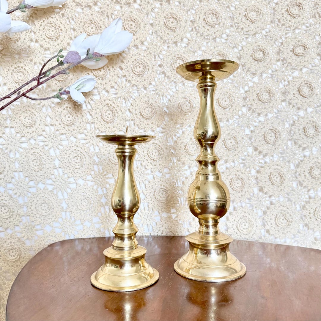 Vintage Brass Pillar Candle Holders Set | Graduated Gold Metal Antique ...