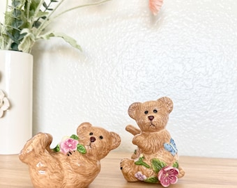 Set of 2 Vintage Bear Salt & Pepper Shakers | Floral Butterfly Spring Design | Hand Painted Ceramic Kitchen Decor
