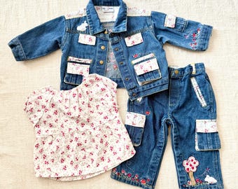 Vintage B.T. Kids 12 Month Denim 3-Piece Outfit: Floral Bunny Embroidery