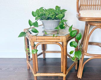 Vintage Burnt Bamboo Coffee Table / End Table MCM Decor Cottagecore Boho Glass Top 26”