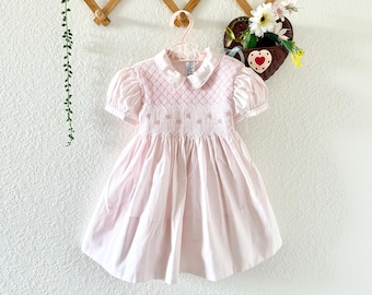 Vintage Pink Smocked Dress | Peter Pan Collar Puff Sleeve Heirloom Feltman Brothers