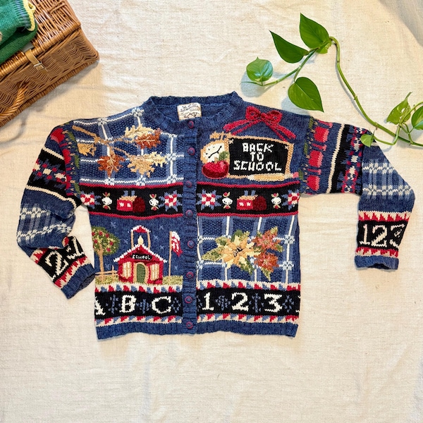 Vintage 90s Teacher Cardigan | Apple Clock Knit Sweater | Back to School Size M