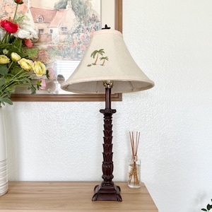 Vintage Palm Lamp with Embroidered Palm Shade – Retro Table Lamp, Tropical Home Decor