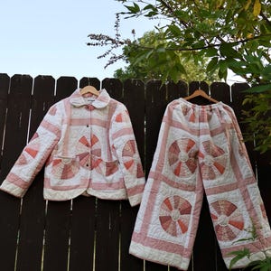Vintage Pink Quilt Jacket or Pants, Dresden Plate Patchwork Clothing, Reworked Quilted Coat, Cottagecore Wearable Quilt, Sold Separately