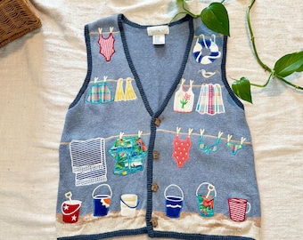 AS IS Vintage Mandalay Bay Beach Theme Embroidered Sweater Vest Blue Small Women Novelty