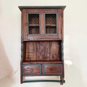 Primitive Wood Wall Cabinet | Rustic Farmhouse Cupboard with Wire Doors