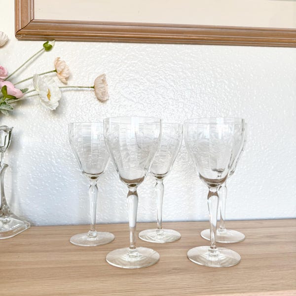 Vintage Etched Floral Crystal Goblets - Set of 5 Elegant Stemmed Wine Glasses