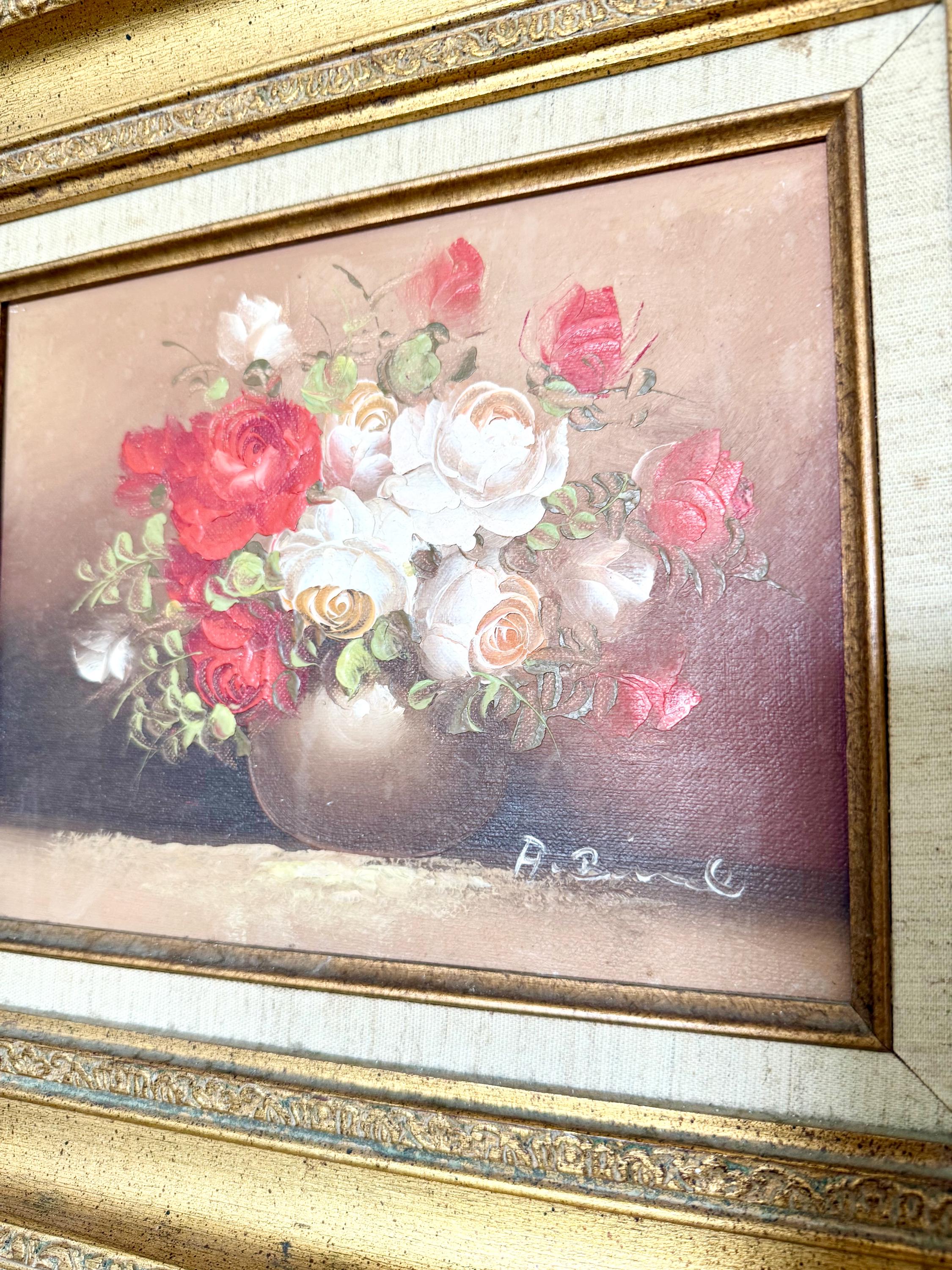 Vintage Oil Painting Red Rose – Flower Still Life, Signed, Ornate Frame ...