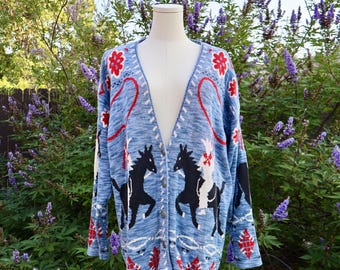 Vintage 90s Delia McKain Western Cowboy Roping Cardigan Sweater Blue Size L