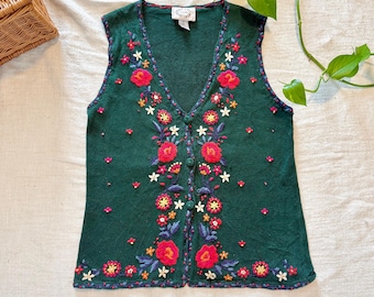 Vintage Erika Sweater Vest – Floral Embroidered Boho Cottagecore Knit | Size L