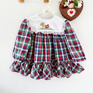 Vintage Plaid Baby/Toddler Dress | Embroidered House and Tree Peter Pan Collar | Ruffled Long Sleeves & Hem