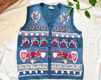 Vintage Heirloom Collections Heart Embroidery Vest Size 2X, Navy Blue Romantic Cottagecore Knit Sweater Vest, Floral Design